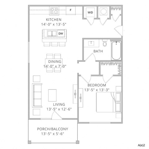 Floor plan for 1 bed, 1 bath, 737 sqft